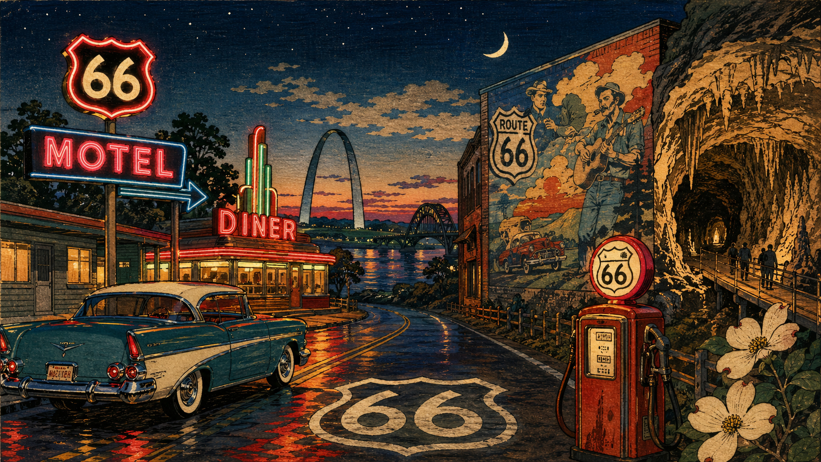 Route 66 neon caverns murals road proof
