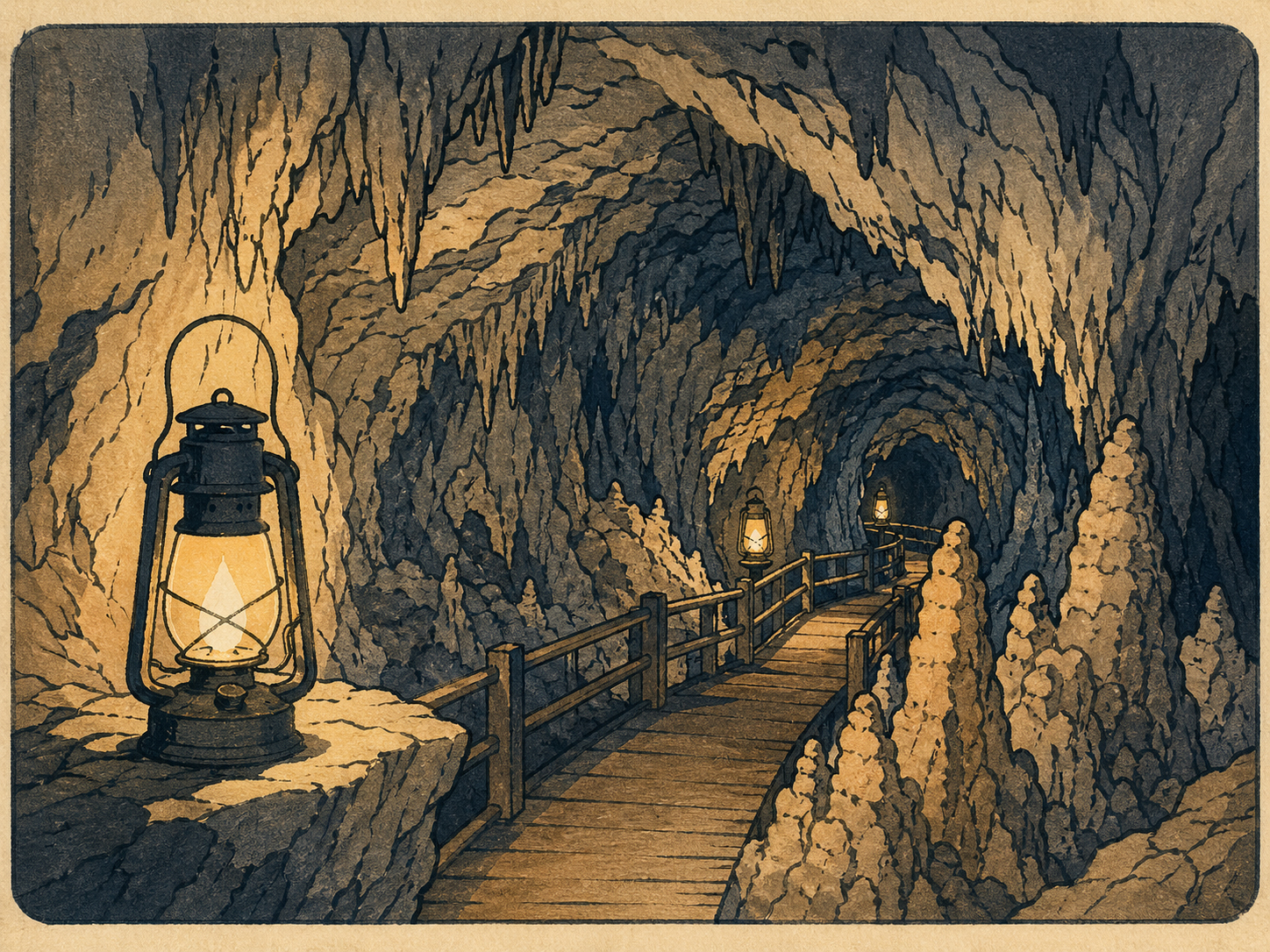 Mark Twain Caveの石灰岩の通路とランタン