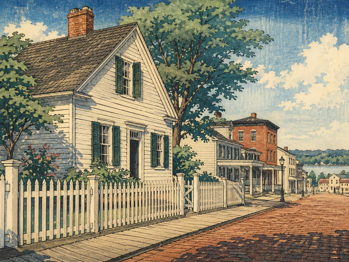 Mark Twain Boyhood Home と白い柵、Main Street を描いた木版画調の Hannibal 風景