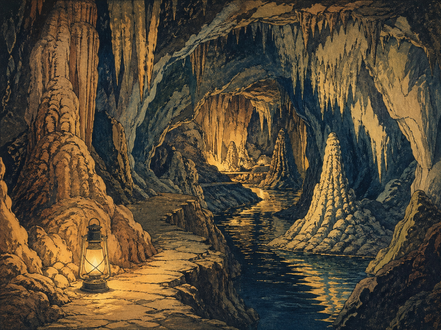 Mark Twain Cave のランタンと石灰岩の暗闇を描いた木版画調の風景