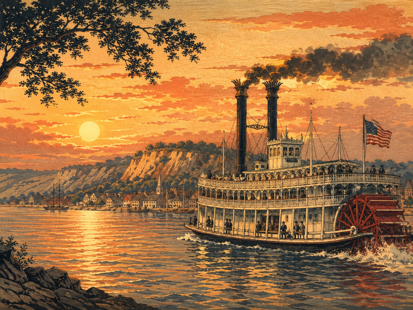 ミシシッピ川を進むMark Twain Riverboatと夕日