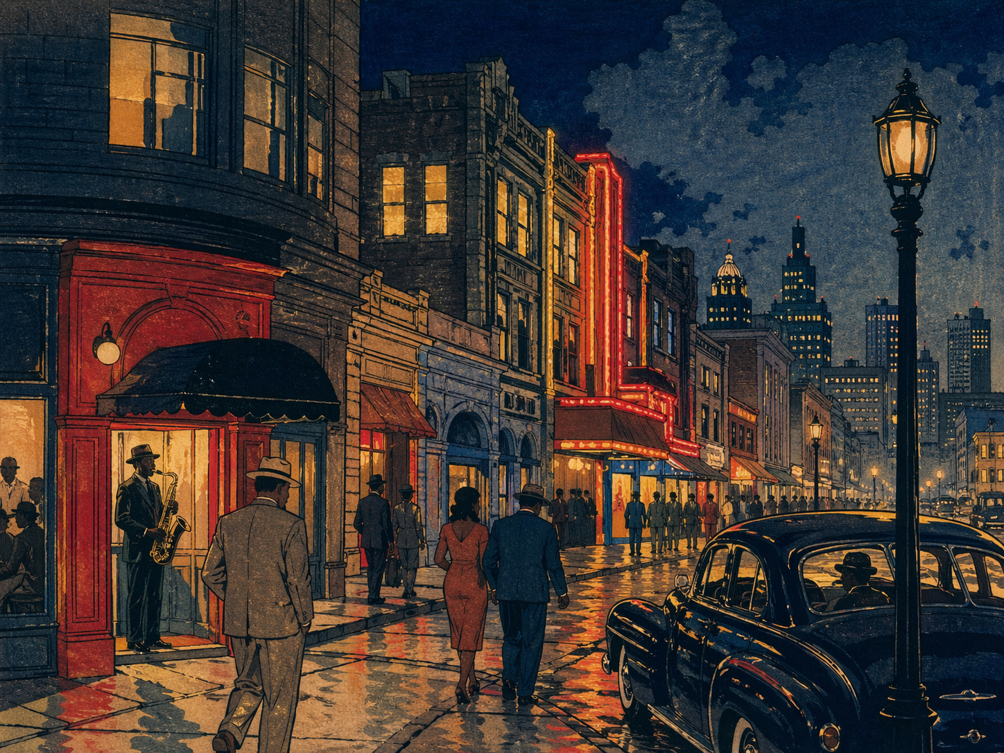 18th and Vine jazz district neon night in Japanese woodblock style