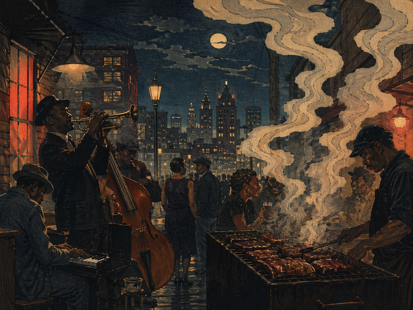 Kansas City BBQ smoke night street jazz trumpet in Japanese woodblock style