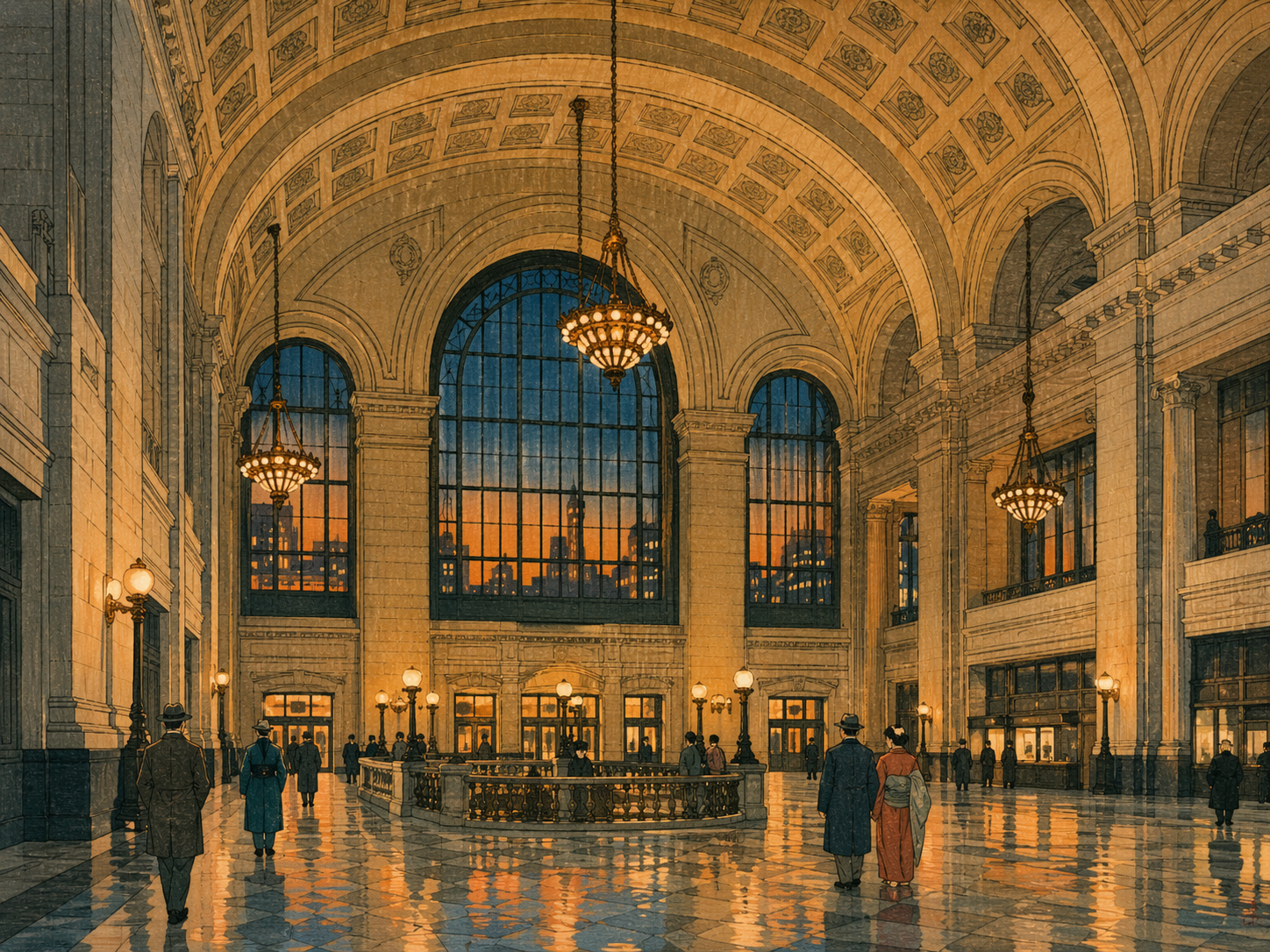 Kansas City Union Station grand hall evening light in Japanese woodblock style