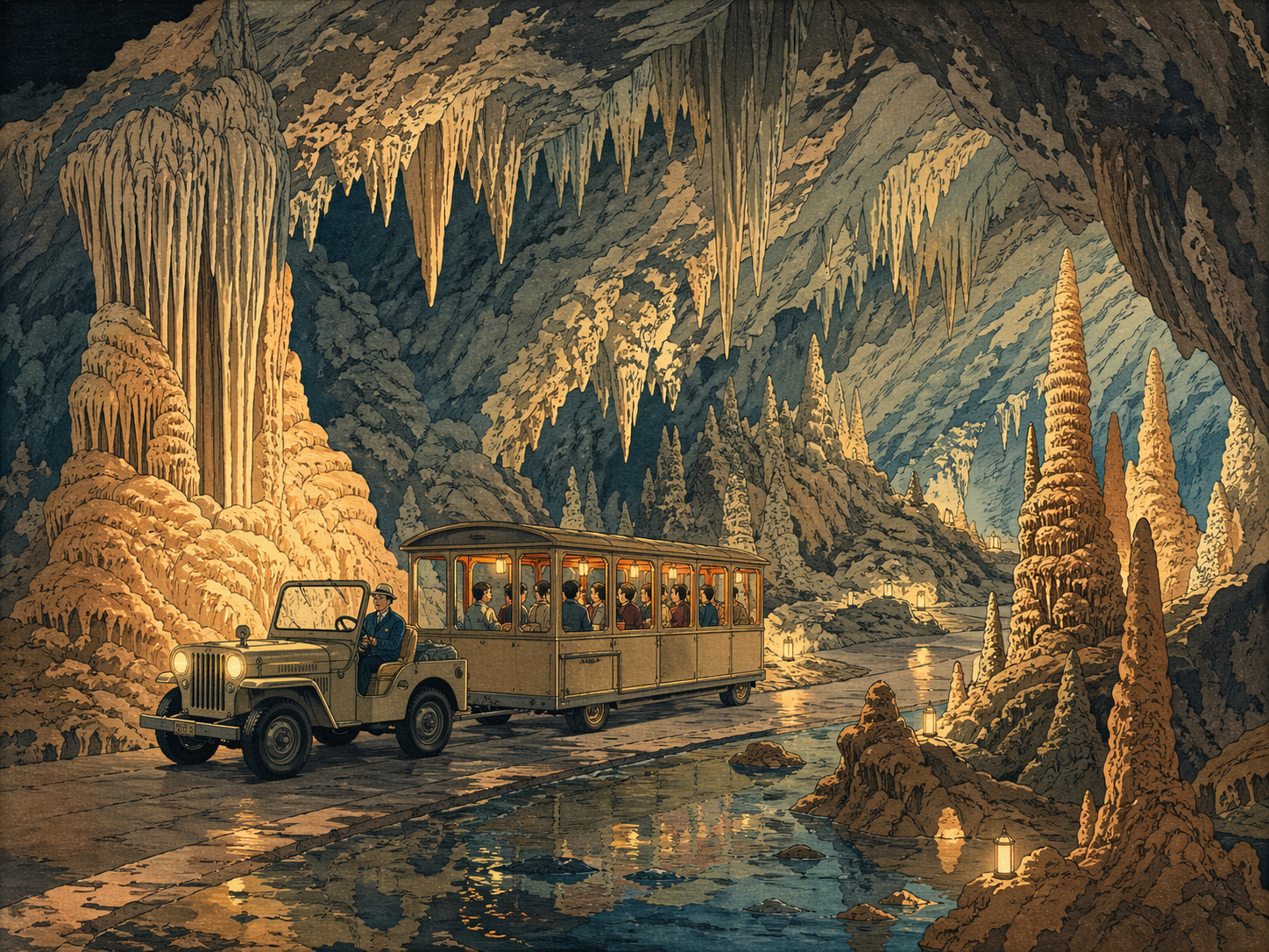 Fantastic Caverns の地下トラムと石灰岩の形成を描いた木版画調の風景