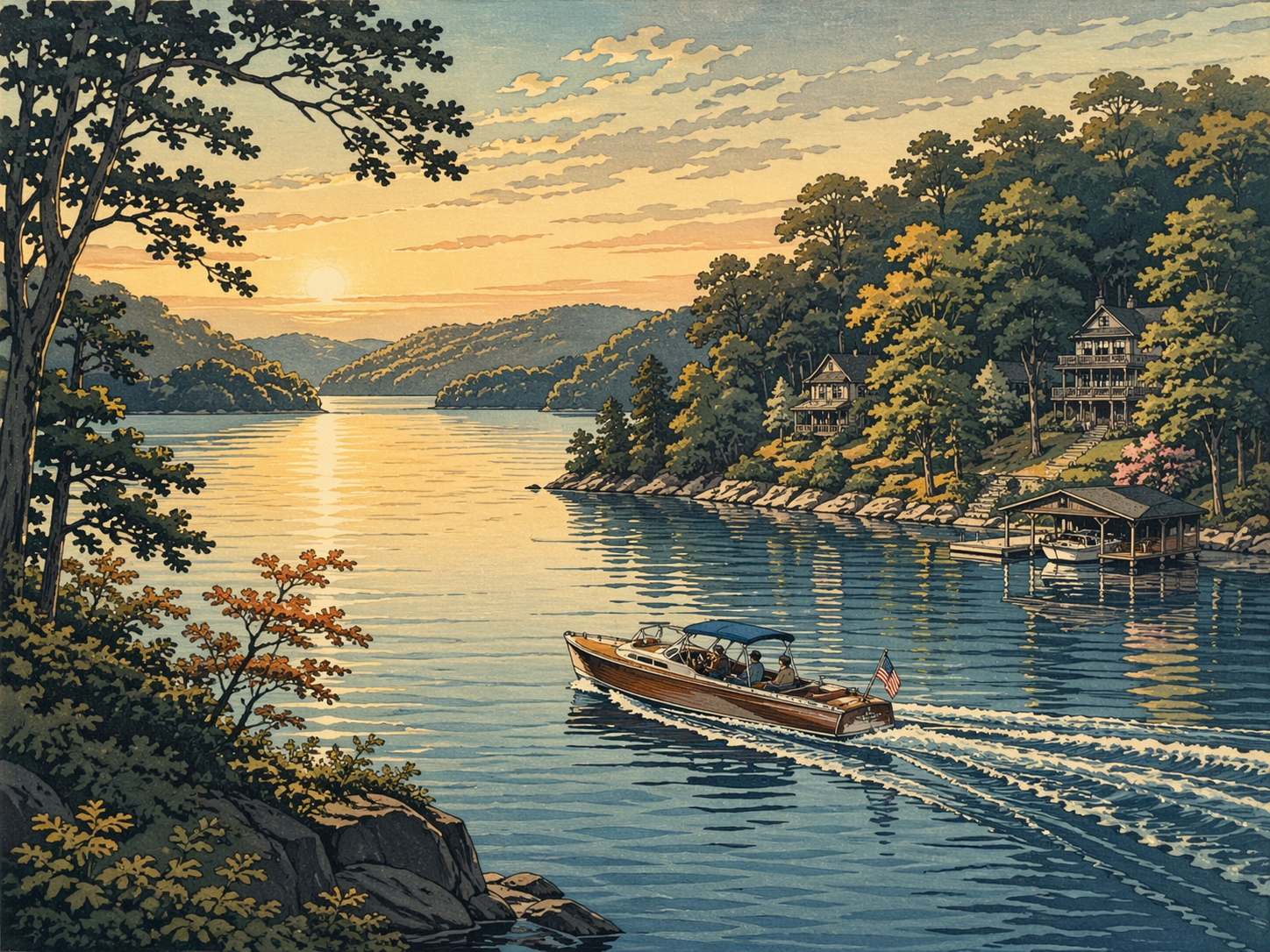 Lake of the Ozarks の朝の入り江とボートを描いた木版画調の風景