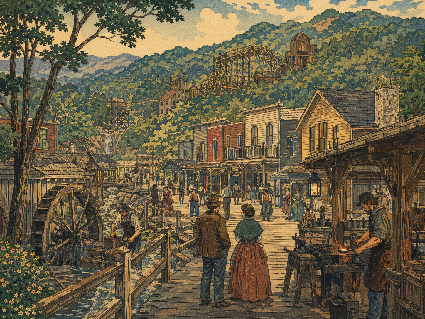 Silver Dollar City の1880年代風クラフト村とオザークの丘陵を描いた木版画調の風景