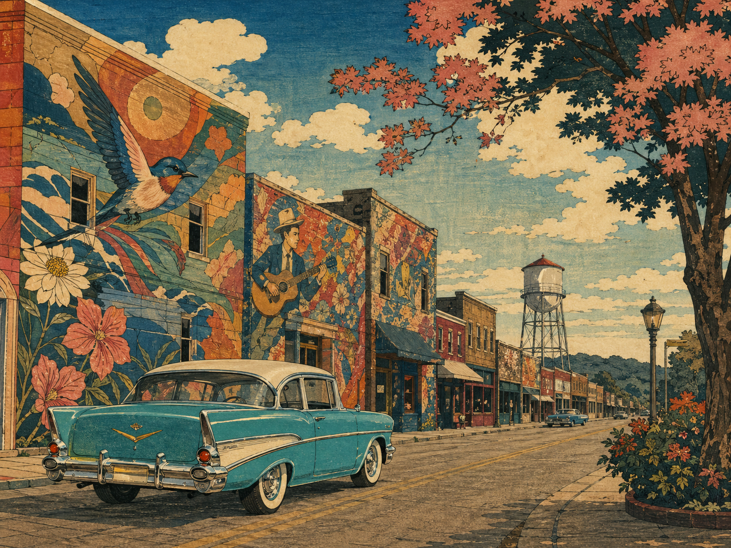 Cuba Missouri の壁画とクラシックカーを描いた木版画調の Route 66 風景