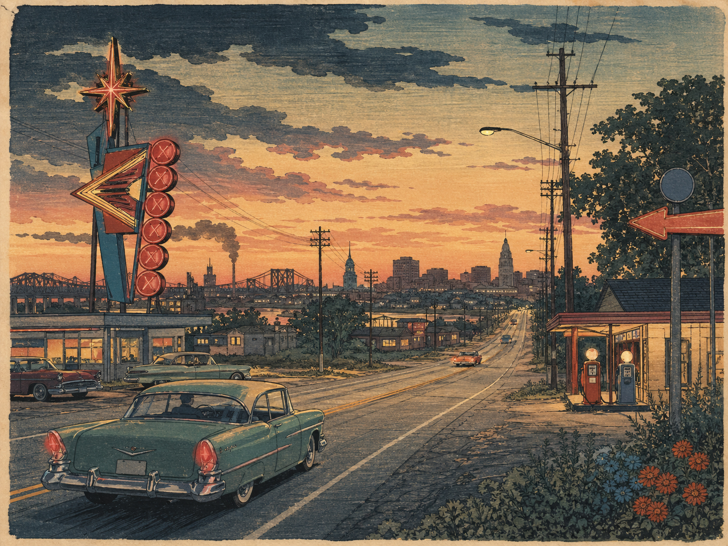 St. Louis から西へ向かう Route 66 のネオンと旧道を描いた木版画調の風景