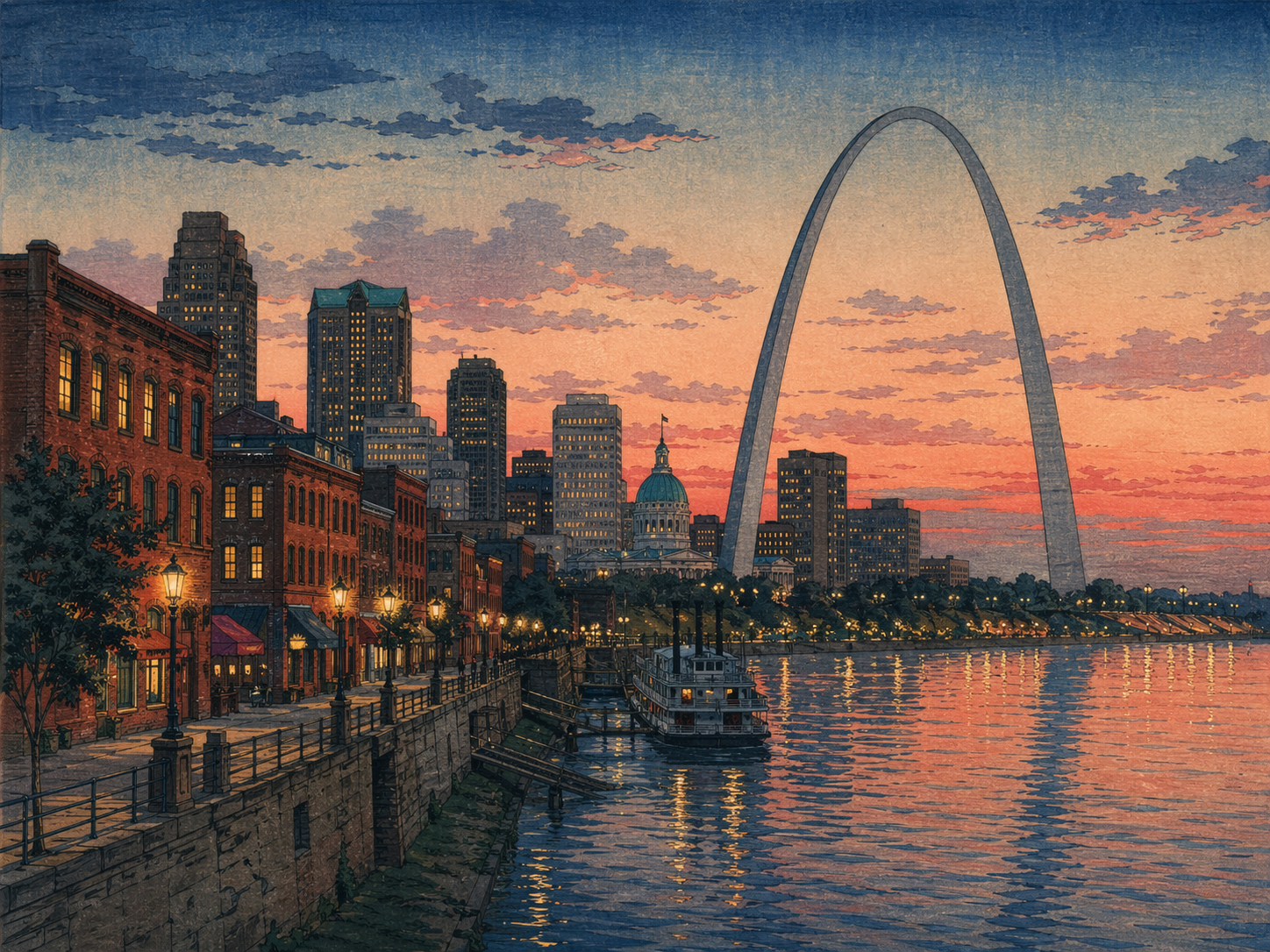 セントルイスのレンガの街並みと Gateway Arch を夕暮れに描いた木版画調風景